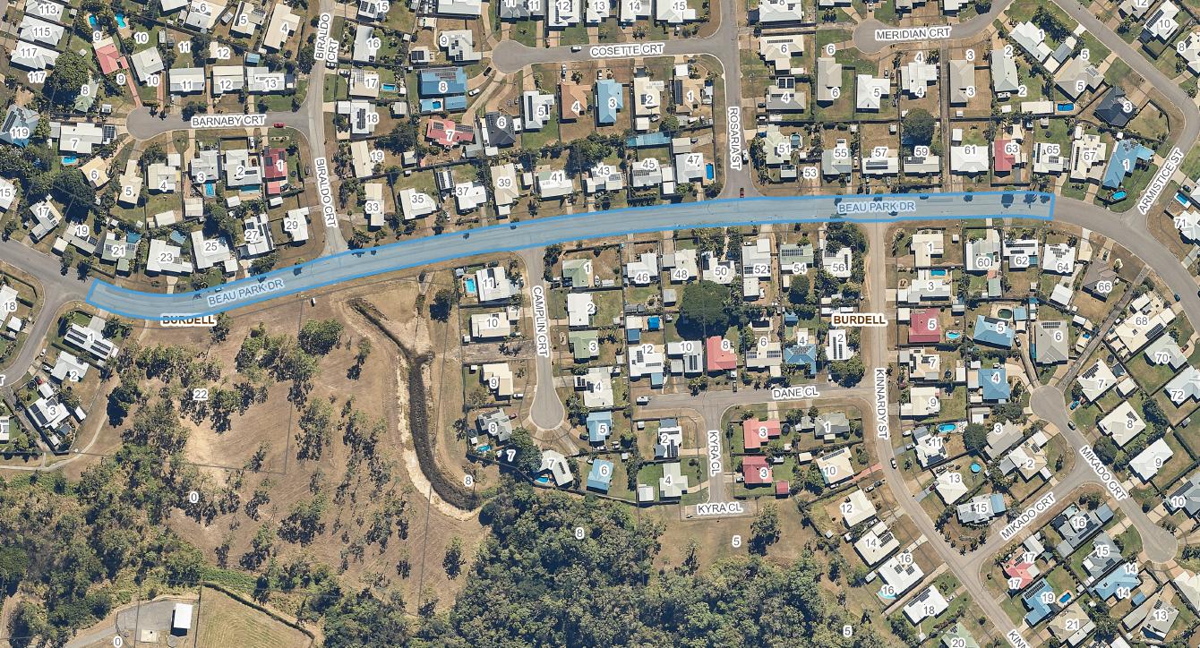 Map of Burdell with section of Beau Park Drive where roadworks will be carried out highlighted