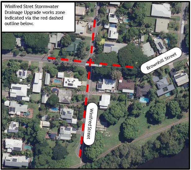 Map of Winifred Street and Brownhill Street, Mundingburra with works zone highlighted