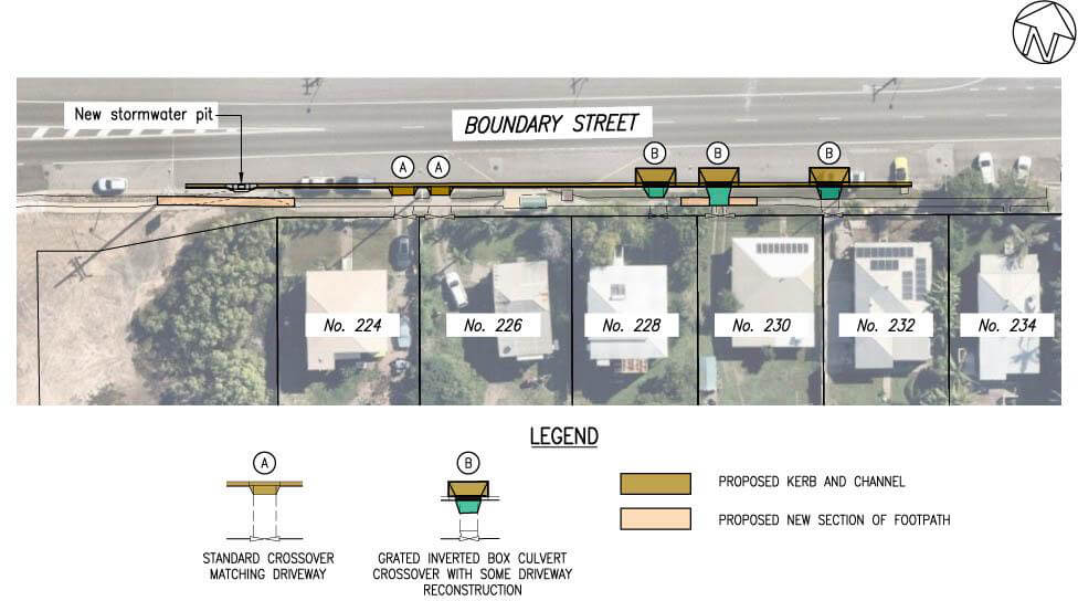 Map of Boundary Street, South Townsville with proposed kerb and channel and new section of footpath highlighted