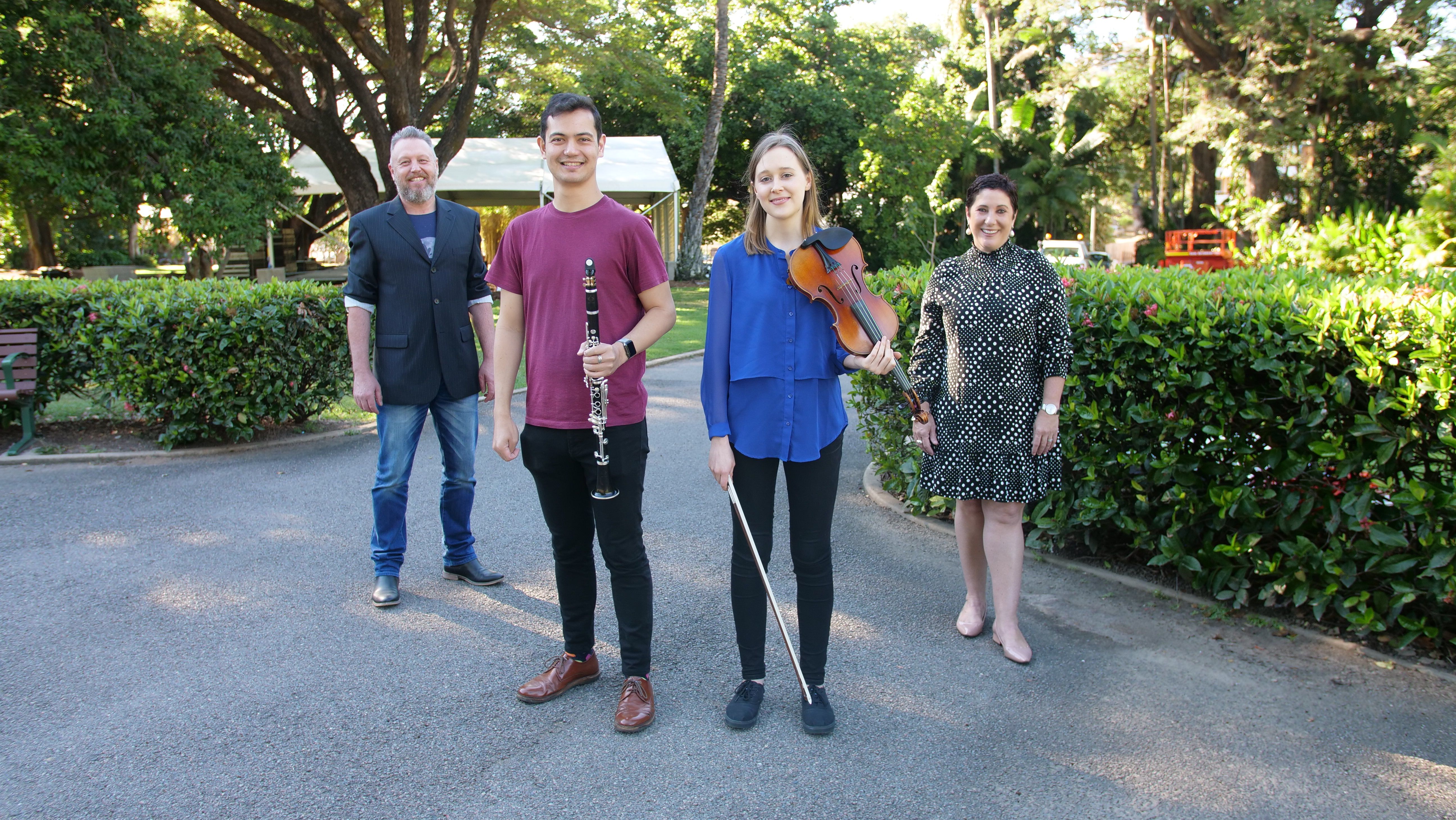 L – R: AFCM executive director Ricardo Peach, clarinettist Lloyd Van’t Hoff, violinist Grace Clifford, Councillor Ann-Maree Greaney.