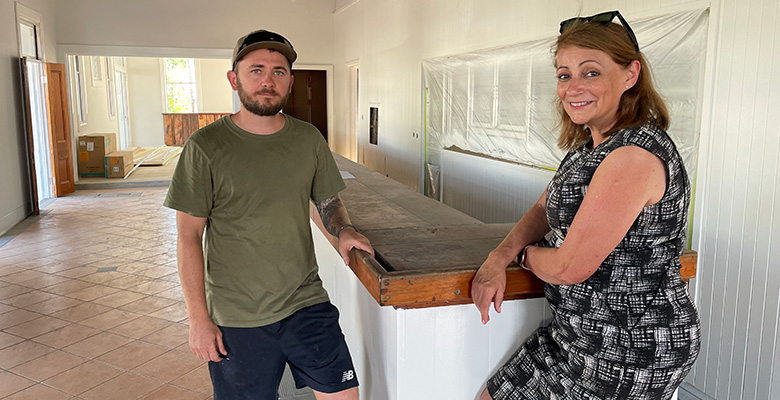 Caption: Brodie Jankovic and Mayor Jenny Hill in the front bar of the Empire Hotel. Brodie Jankovic and Cr Jenny Hill in the front bar of the Empire Hotel