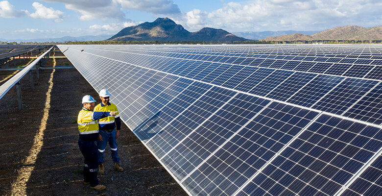 Two men standing by a solar farm