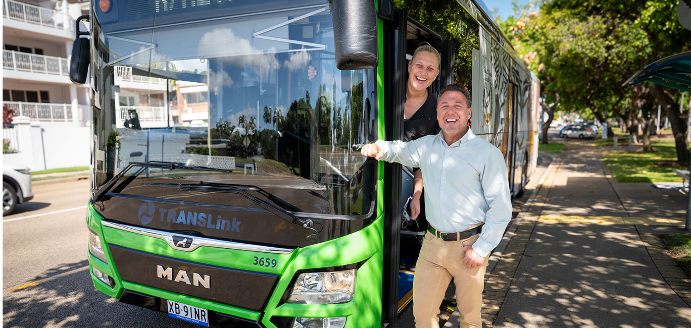 Mayor Nick Dametto and Deputy Mayor Suzy Batkovic hitching a ride on one of Council’s Park and ride busses