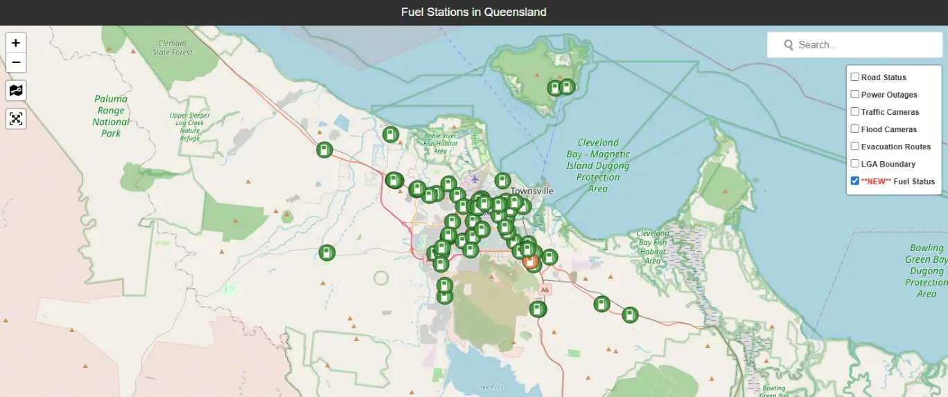 Each clickable icon includes information on fuel availability and fuel prices