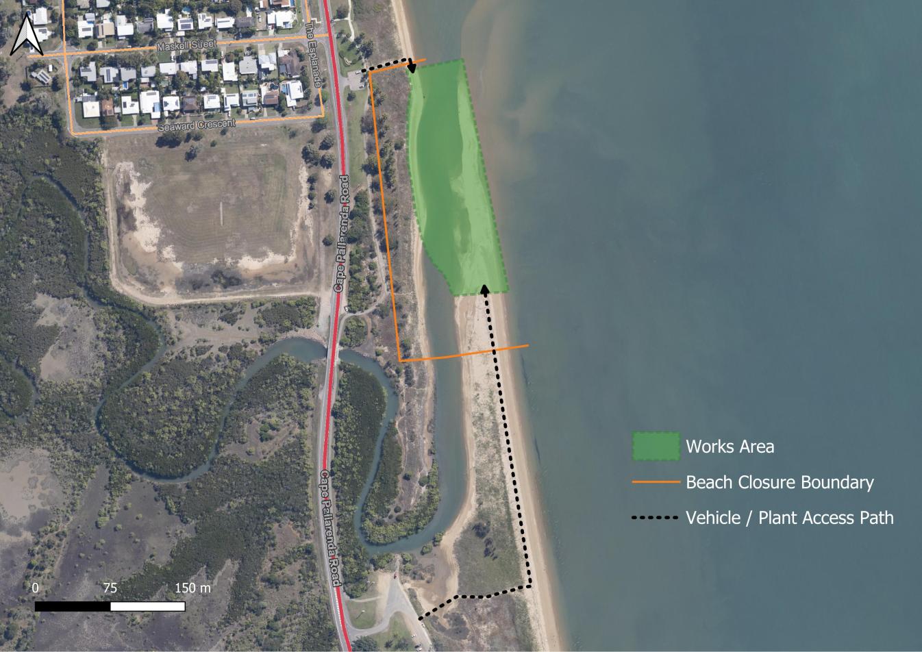 Map of Pallarenda Foreshore with works area, beach closure boundary and vehicle/plant access path