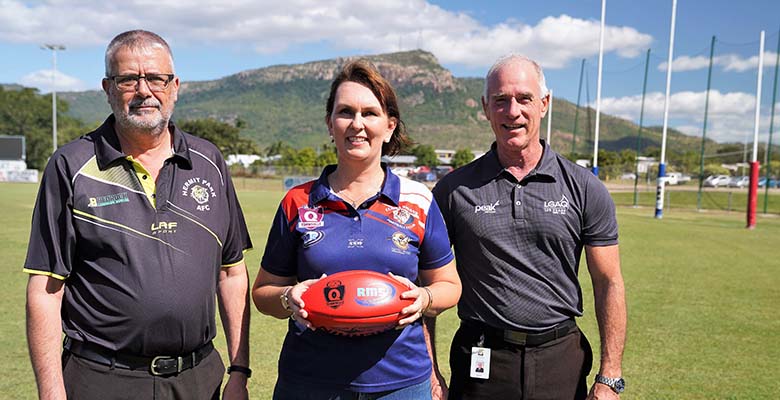 Hermit Park Tigers AFC President Wally Armstrong, Curra Swans AFC President Nicole McKenzie and Cr Maurie Soars at Murray Sports Precinct.