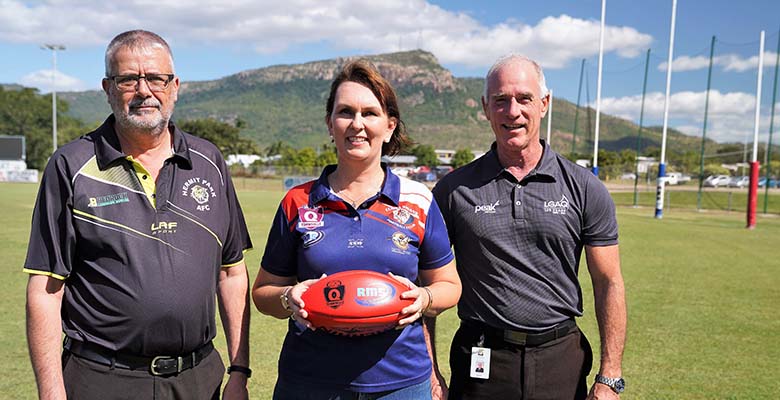 description shown on hover. Hermit Park Tigers AFC President Wally Armstrong, Curra Swans AFC President Nicole McKenzie and Cr Maurie Soars at Murray Sports Precinct.