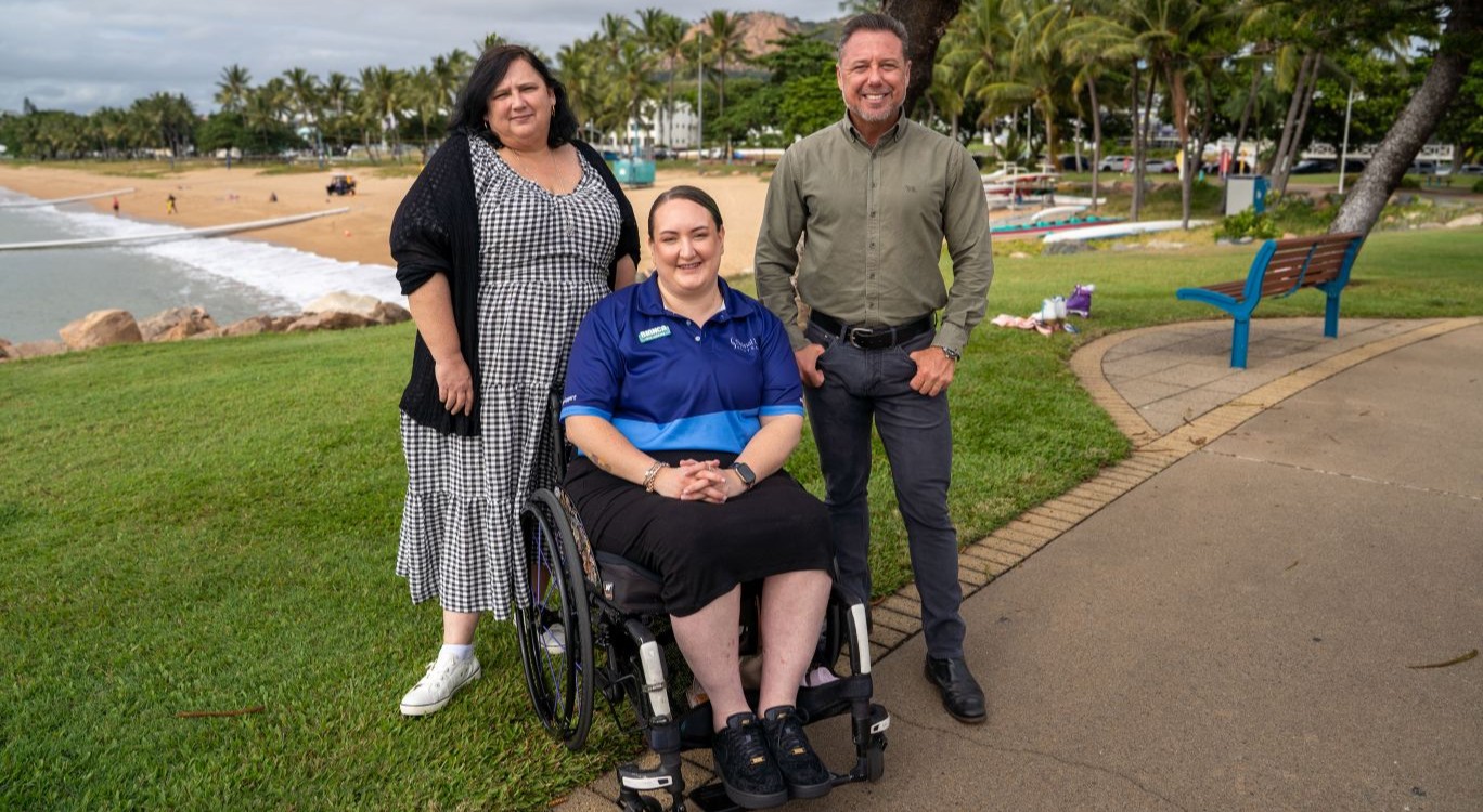 Councillor Vera Dirou and Mayor Nick Dametto with Spinal Life Australia peer support officer Bianca McDonnell at The Strand