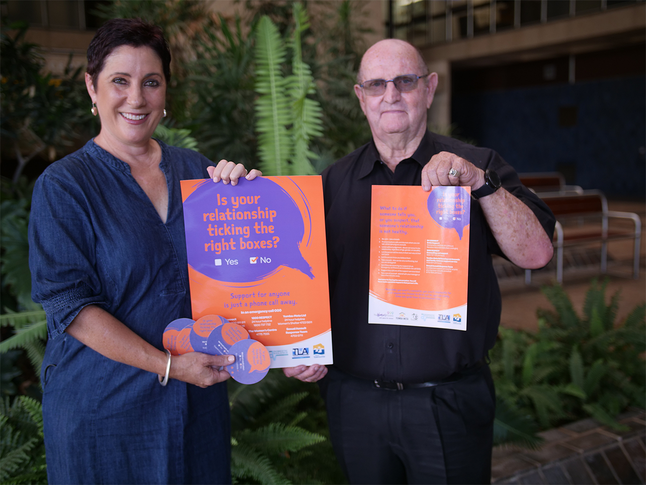 Caption: Cr Ann-Maree Greaney and Townsville Liquor Accord chairperson Arthur McMahon with the new anti-DFV initiative’s coasters and posters. Caption: Cr Ann-Maree Greaney and Townsville Liquor Accord chairperson Arthur McMahon with the new anti-DFV initiative’s coasters and posters.
