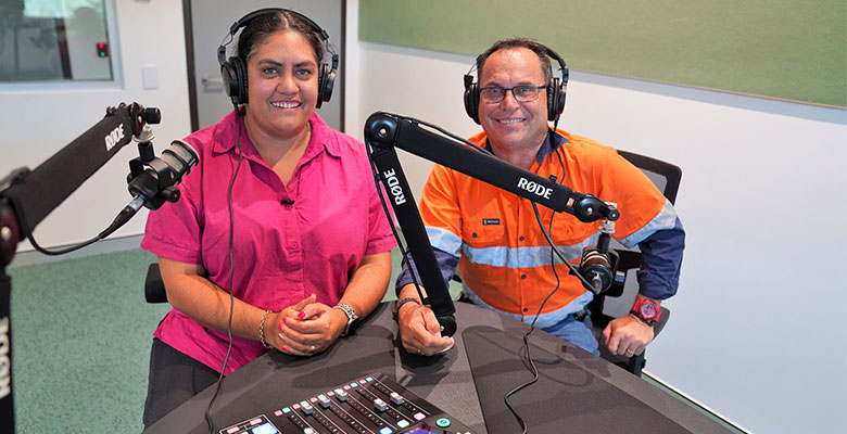 The NML Podcast host Natasha Lane and Councillor Russ Cook in Citylibraries Riverway’s new digital studio.