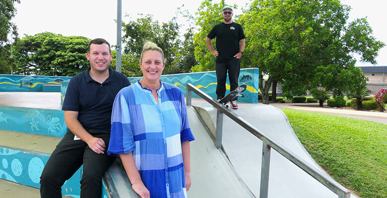 Councillors Brodie Phillips and Suzy Batkovic checking out Riverway skatepark with Rumble’s Donny Fraser ahead of this weekend’s Rumble Roadshow workshops.