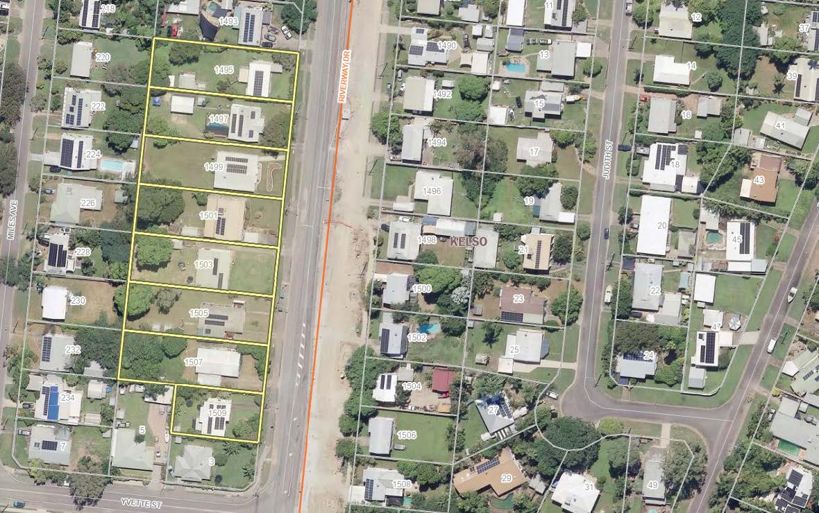 Map of Riverway Drive with affected properties highlighted