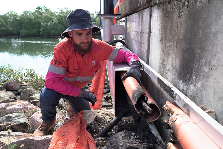 Council electrician Jayden Reynolds inspect the damage to cabling at Reid Park