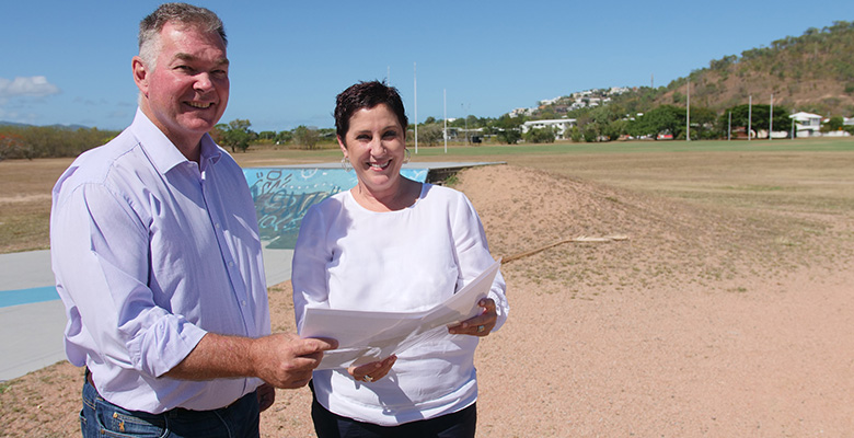 Townsville MP Scott Stewart and Community and Cultural Development Committee chairperson Cr Ann-Maree Greaney at Harold Phillips Park