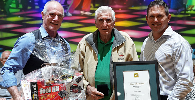 Cr Maurie Soars with Townsville Male Senior of the Year award winner John Weir and deputy Mayor Mark Molachino at Townsville City's Council's Seniors Luncheon.