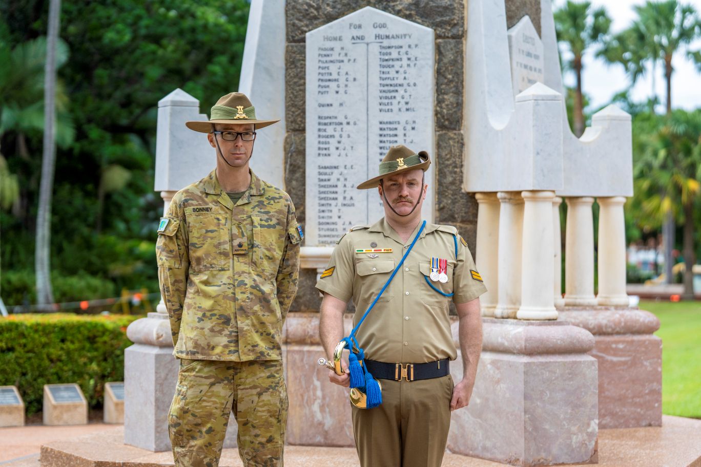1RAR Band Music Director Major Ben Bonney and Bugler CPL Justin Williams. The band has been preparing for a number of significant events this week, including Anzac Day. 