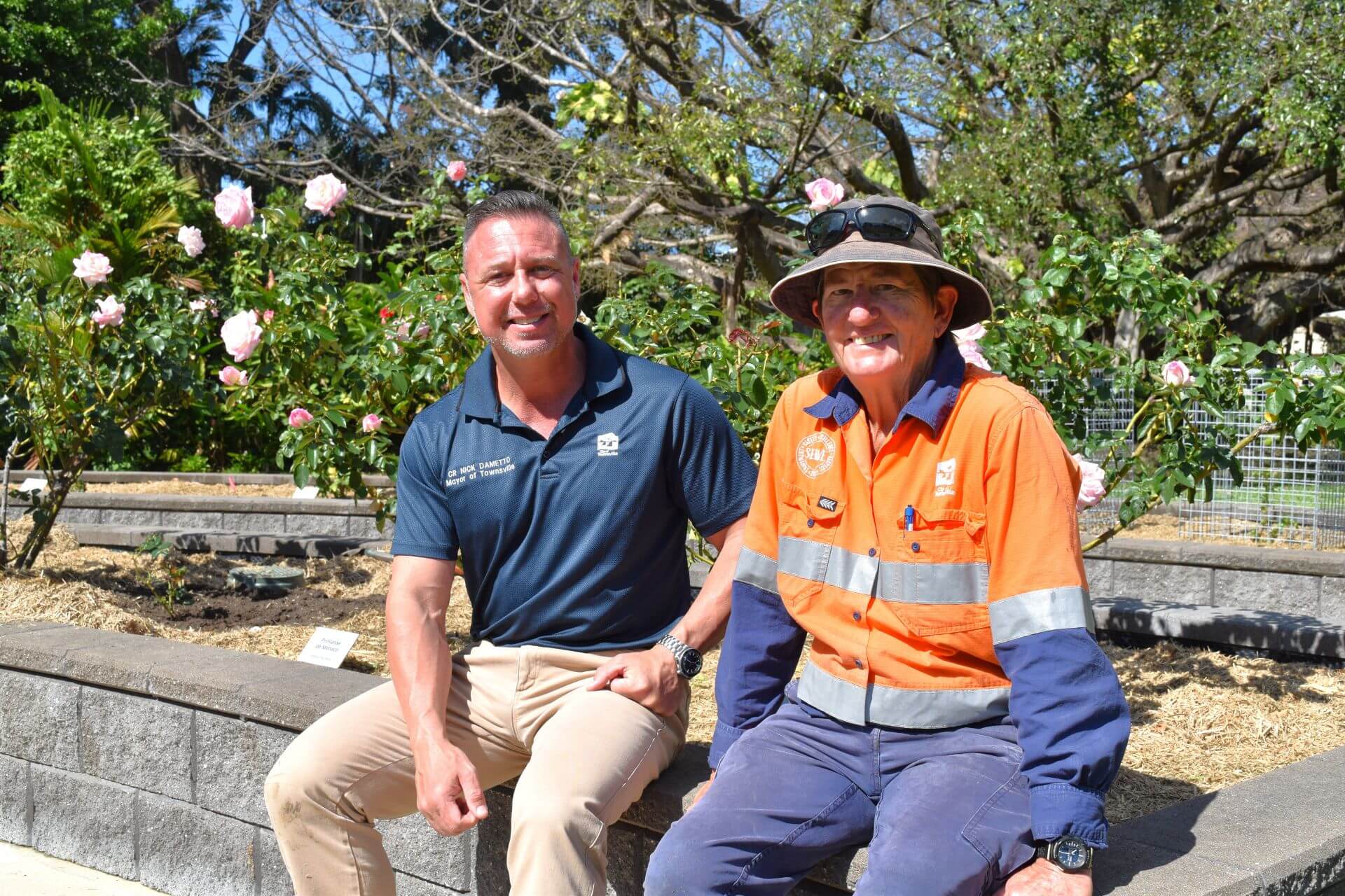 Mayor Nick Dametto catching up with Queens Gardens crew leader Naomi Shoobridge amongst the rose garden