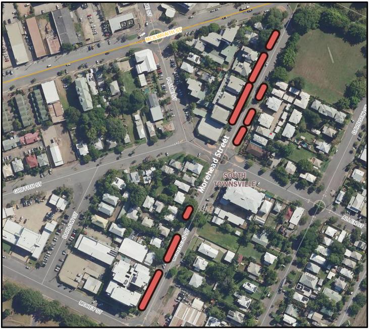 Map of Morehead Street, South Townsville with line marking works highlighted