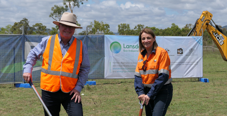 Member for Mundingburra Les Walker and Mayor Jenny Hill break ground at Lansdown.