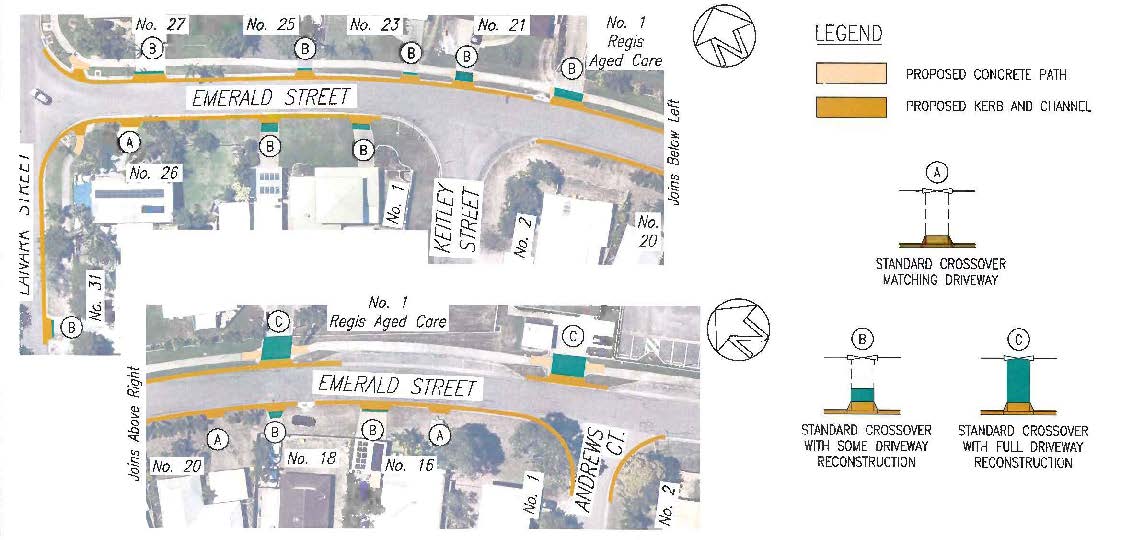 Map of Emerald Street, Kirwan with proposed concrete path and kerb and channel