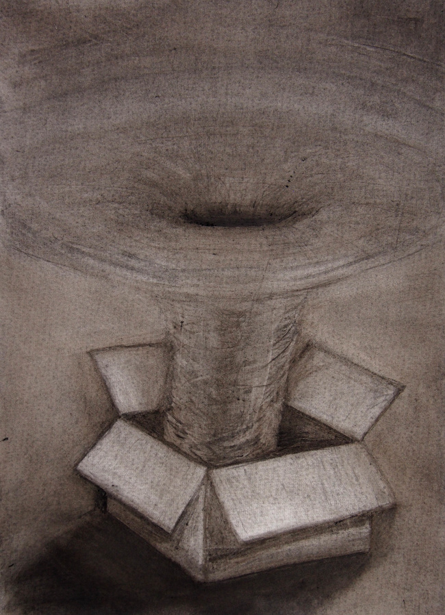 Image: Jamie Banks, Out of the Box [detail] 2020, charcoal on cartridge paper, 59 x 42 cm. Courtesy of the Artist