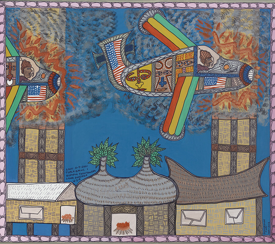 Image: Simon Gende, Plane crash into the Twin Towers on September 11, 2001, 2012, Acrylic on canvas, ART96124, Image courtesy of the Australian War Memorial.