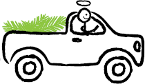 A stick figure saint smiling while driving a ute to the tip