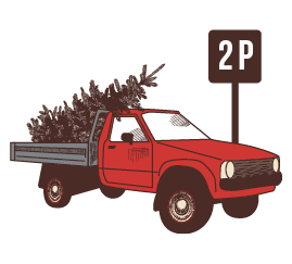 A red ute carrying a Christmas tree, parked in a 2P parking spot