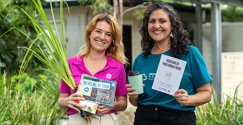 Council's Resource Recovery Education Officer Amelia Chaplin (left) and Plastic Free Places NQ's Diana Condylas (right) at Council's Sustainability Centre at Rowes Bay.