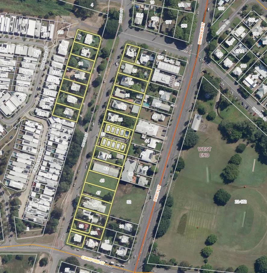 Map of Hugh Street between Crauford Street and Harold Street with all properties on the right and the top half the properties on the left highlighted
