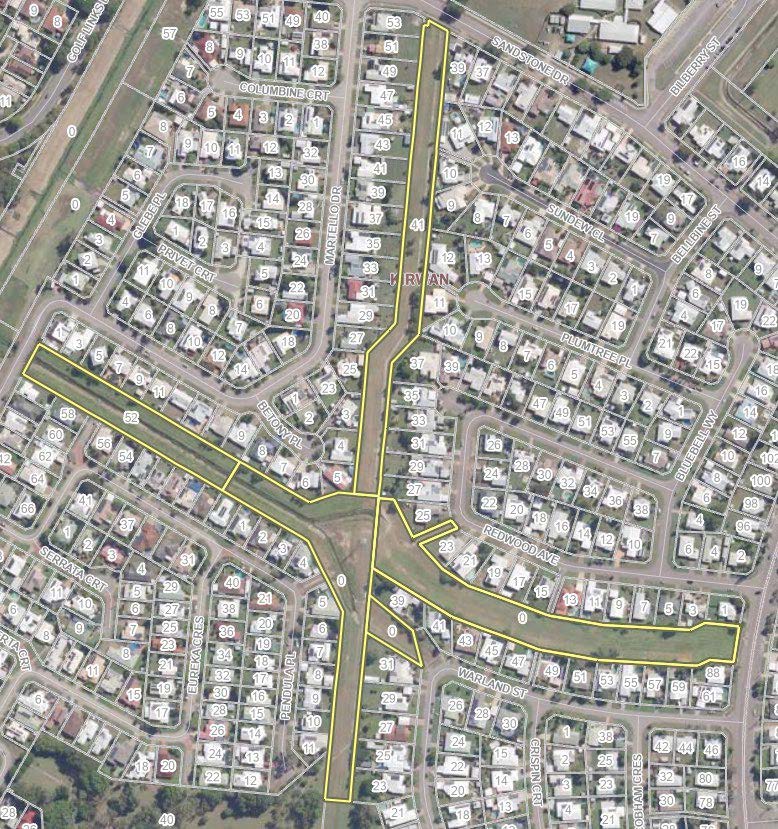 Map of Kirwan with Drainage Reserve between Sandstone Drive and Warland Street highlighted