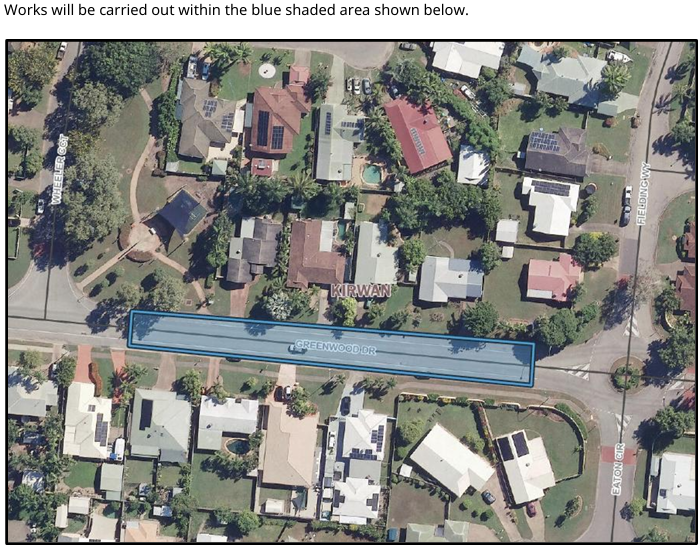 Map of Greenwood Drive, Kirwan with blue shading showing the extent of road works