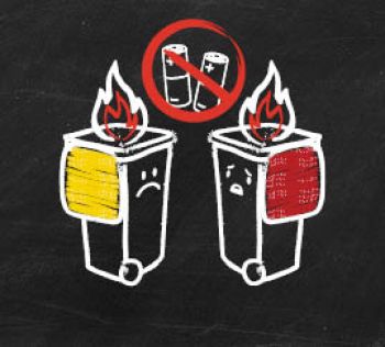 Two sad bins on fire beside an icon saying no batteries.