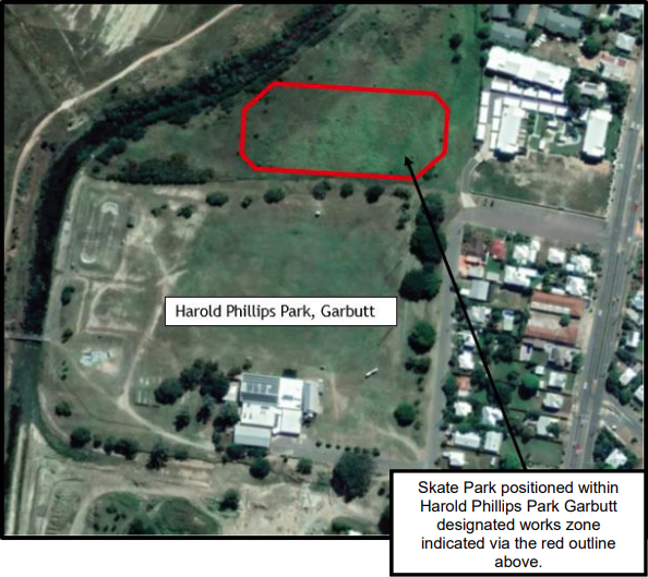 Map with red outline around the area the skate park will be built