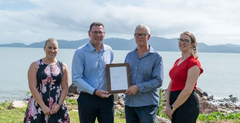 Caption: Townsville has achieved ECO Destination Certification from Ecotourism Australia. TEL Director of Visitor Economy & Marketing Lisa Woolfe, Mayor Troy Thompson, TCC Chief Sustainability Officer Greg Bruce and Ecotourism Australia Head of Destinations Alyssa Sanders at the ECO Destination Certification event at Jezzine Barracks.