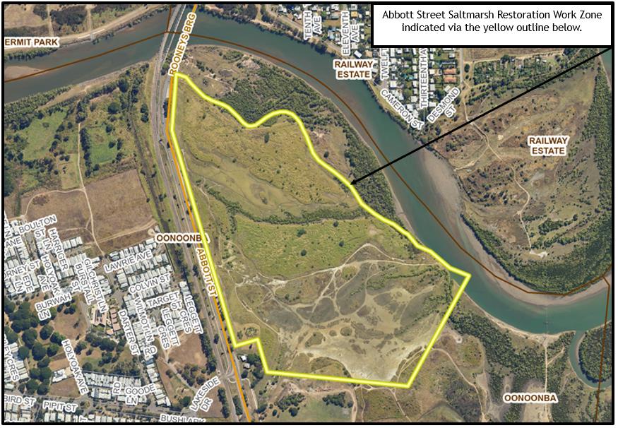 Map with a yellow line around the Abbott Street Saltmarsh Restoration Work Zone