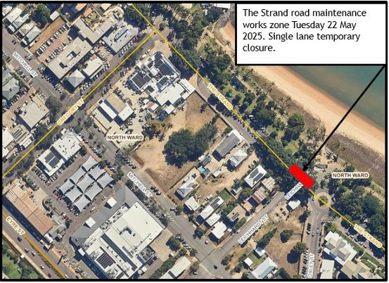 The Strand Road maintenance works zone Tuesday 22 May 2025. Single lane temporay closure