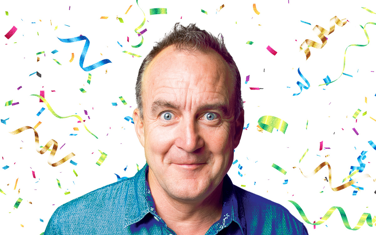 Jimeon against a backdrop of confetti