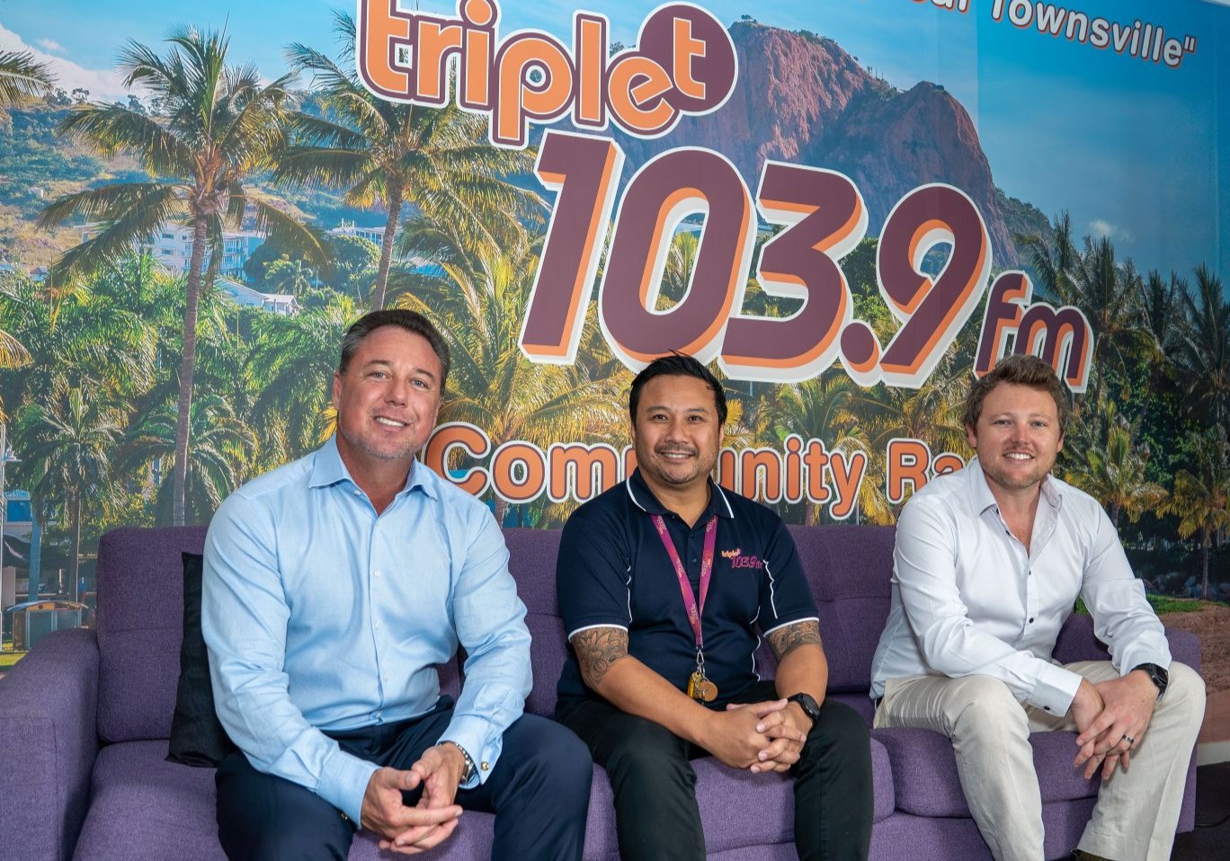 Mayor Nick Dametto, Triple T Radio Station Manager Tee Johnson and Councillor Brady Ellis.