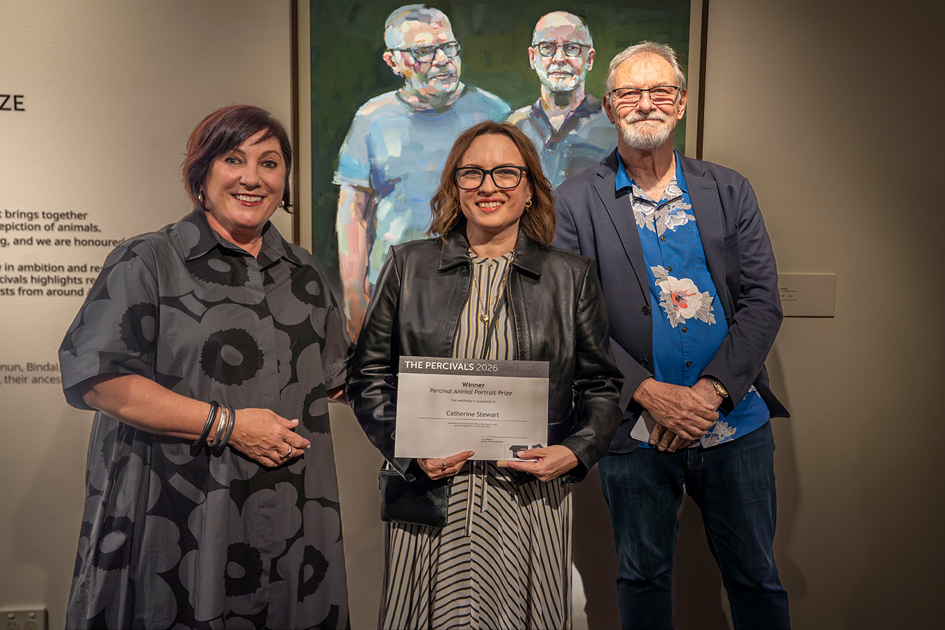 Left - Right: Cr Ann-Maree Greaney, Catherine Stewart (Artist Winner Animal Portrait) and Ron McBurnie (Judge Animal Portrait)
