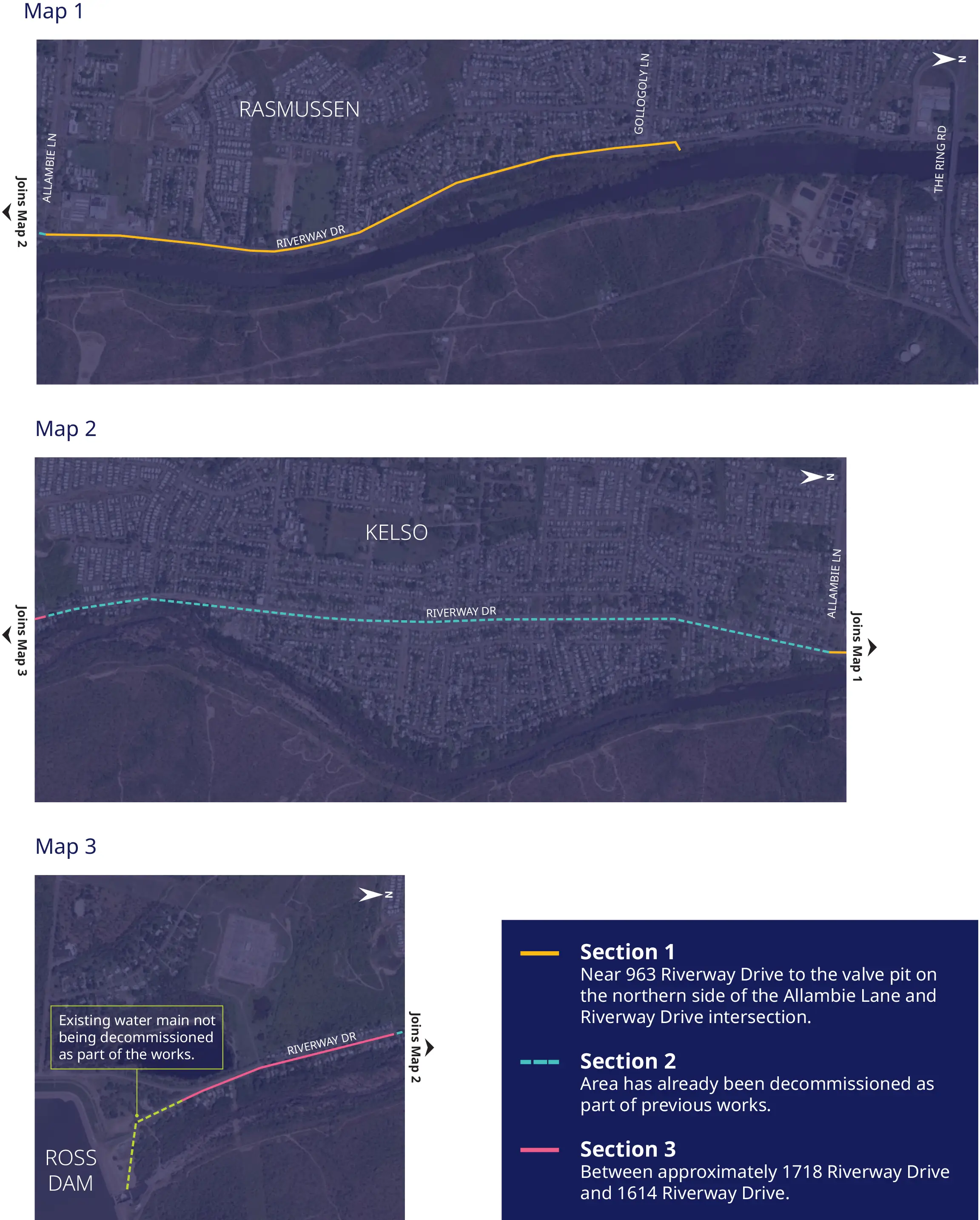 Map of Kelso and Rasmussen with Sections 1, 2 and 3 of the pipeline highlighted