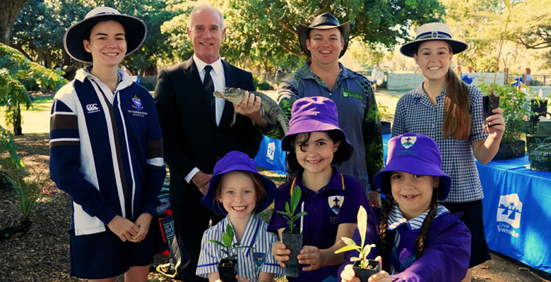 Councillor Maurie Soars, Ranger Dan and school students at Riverway are looking forward to School Tree Day.