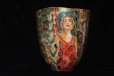 Liz Ranger-Craven Nature’s Goddesses 2022 Stoneware, transparent glaze over underglaze painting, lustres 27.5 x 26 x 25 cm