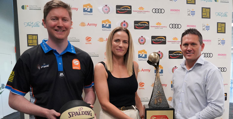 
  JCU Townsville Fire coach Shannon Seebohm and general manager Sam Pascoe with deputy mayor Mark Molahcino after Council  approved a three-year funding agreement for the community-owned club at this week’s Ordinary Council Meeting.