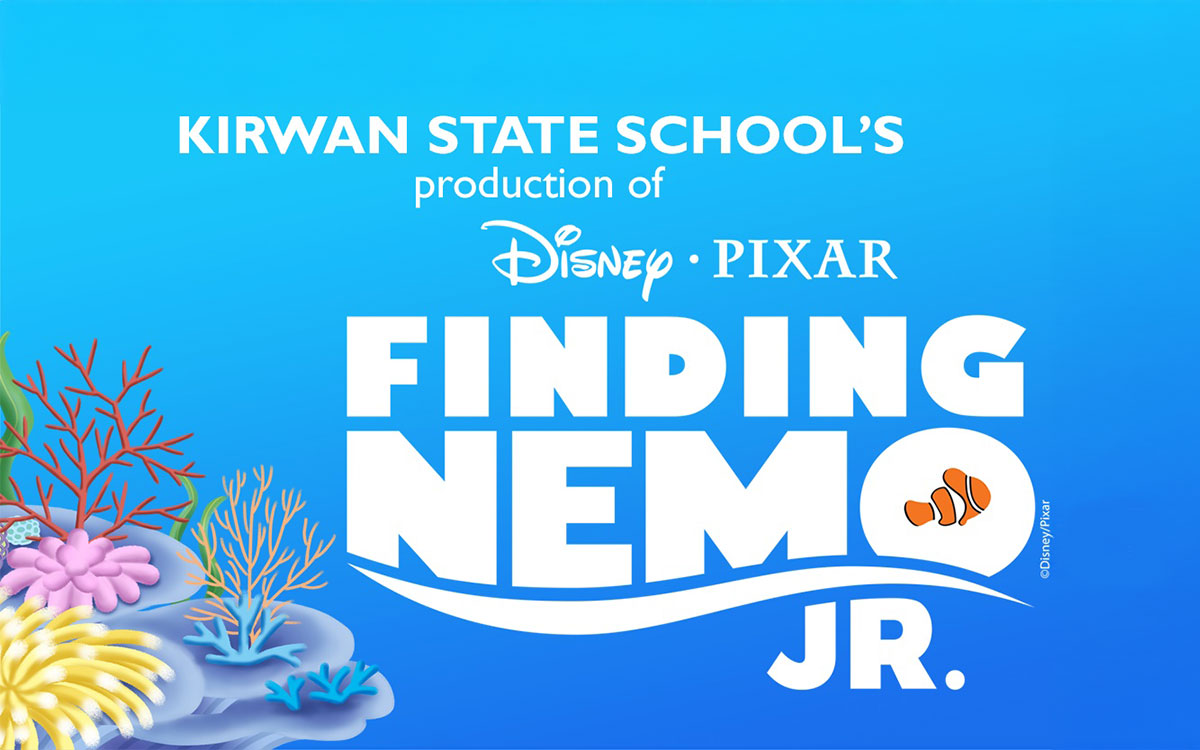 Finding Nemo text with coral and blue background