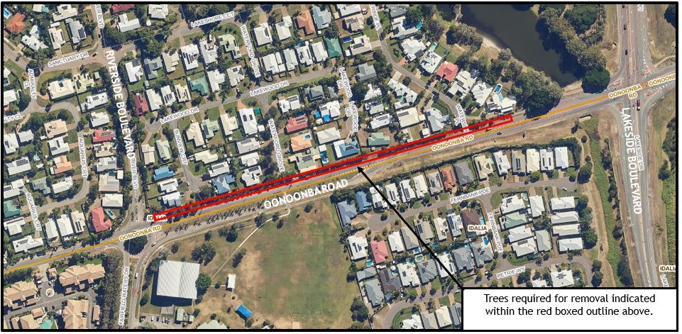Map with a red box around trees on Oonoonba Road between Riverside Boulevard and Lakeside Boulevard