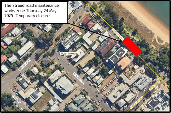 The Strand road maintenance works zone. Thursday 24 May 2025. Temporary closure.