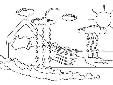 A colouring in page of the water cycle