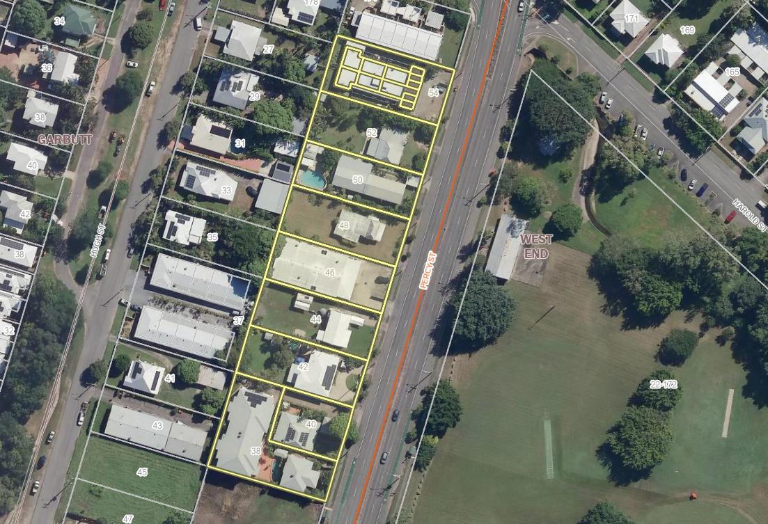 Map of Percy Street with water main and affected properties highlighted