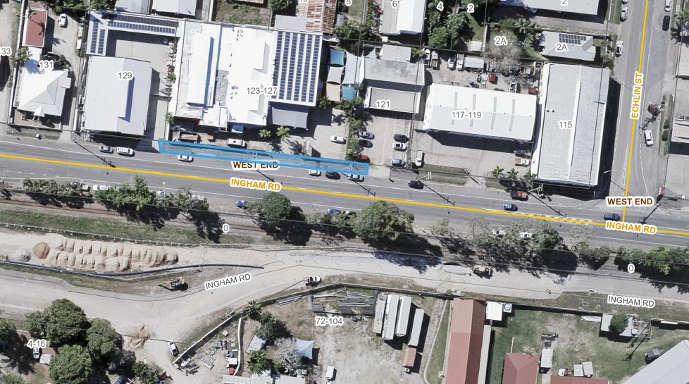 Map of Ingham Road, West End with pathway in front of 121-127 highlighted
